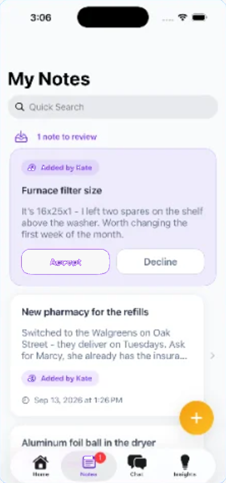Note Recall — Messages screen